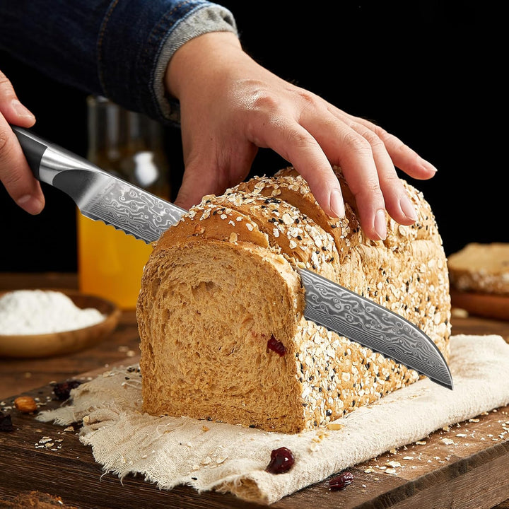 SHAN ZU 20 cm Damast Brotmesser mit Wellenschliff, 67 Lagen Japanischer Damaststahl, Kuchenmesser au
