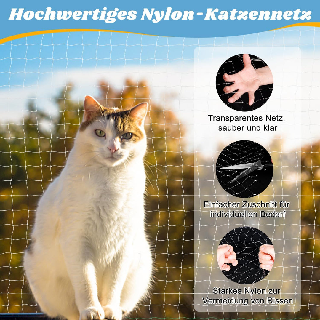 Aystkniet Katzennetz für Balkon Transparent 4 × 3M,Katzenschutznetz für Balkon mit Befestigungsseil