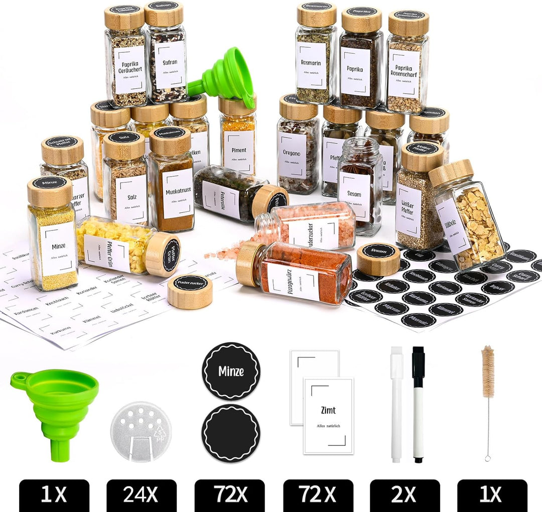 Gewürzgläser Eckig,Gewürzdosen 24er Set mit Bambusdeckel,120 ml Gewürzstreuer Spice Jars Gewürzbehäl