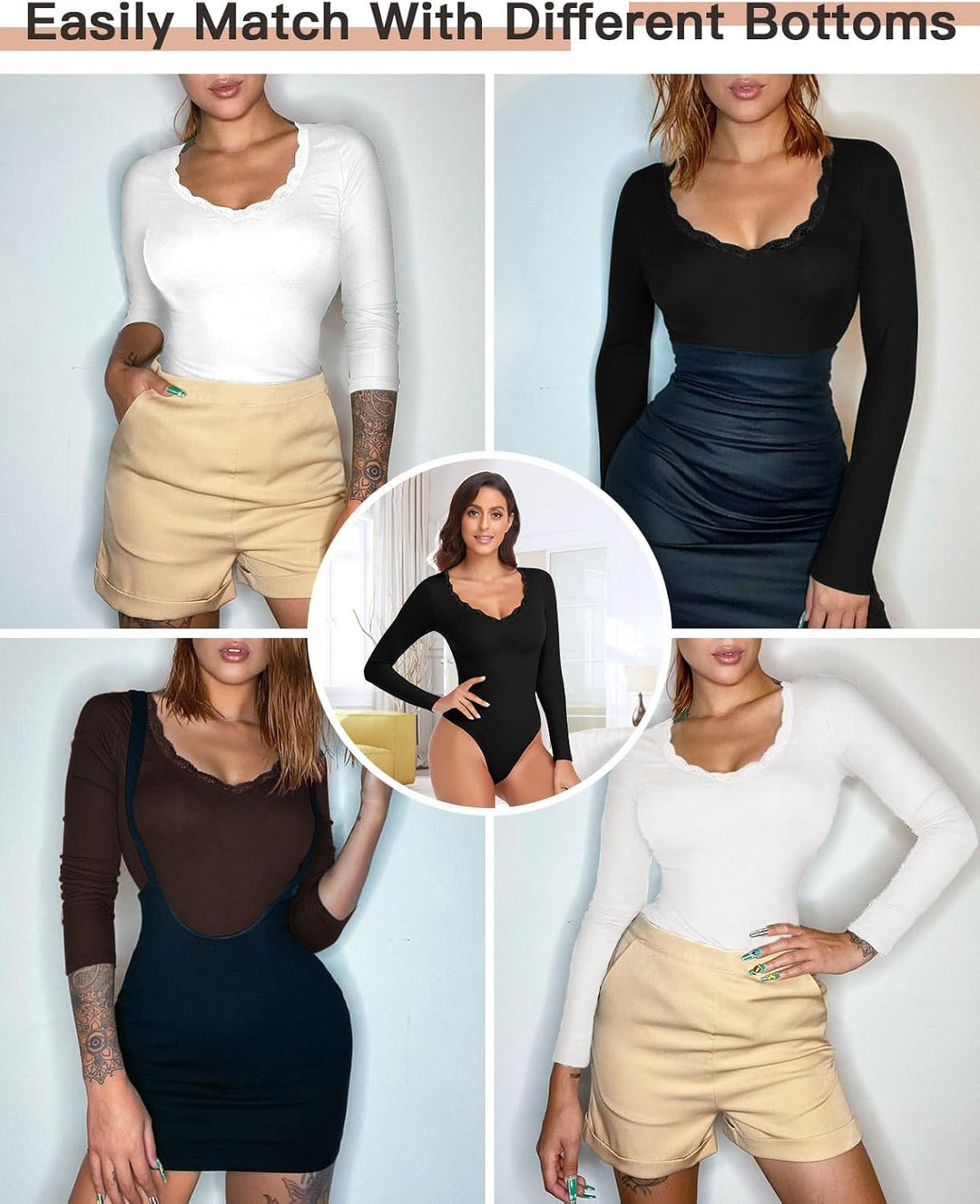 WOWENY Thermo Body Damen Langarm Elegant Langarmbody mit Spitze V-ausschnitt Fleece Bodysuit Warm Be