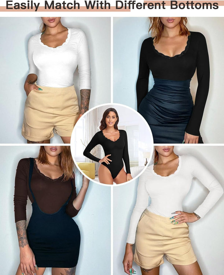 WOWENY Thermo Body Damen Langarm Elegant Langarmbody mit Spitze V-ausschnitt Fleece Bodysuit Warm Be
