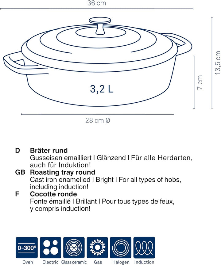 kela Bräter Calido, Ø 28 cm, 3,2 L, Gusseisen, hellgrau, rund, Allherdboden, emailliert, hitzebestän