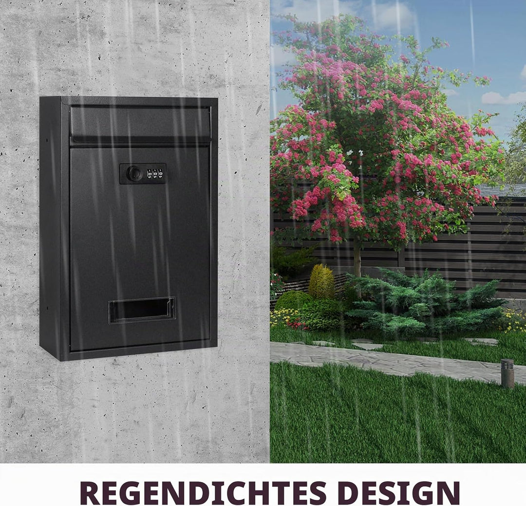 Briefkasten Schwarz mit Zahlenschloss, Wetterfester Wandbriefkasten aus Stahl, Postkasten Regenabwei