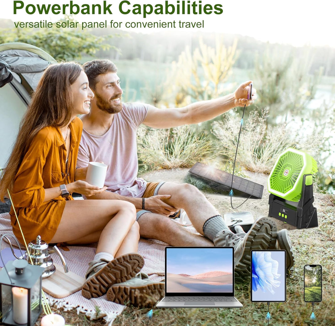 Solar Camping Ventilator mit 10W Solarpanel & Licht, Ventilator Akku 10000mAh,4-Gang USB Tischventil