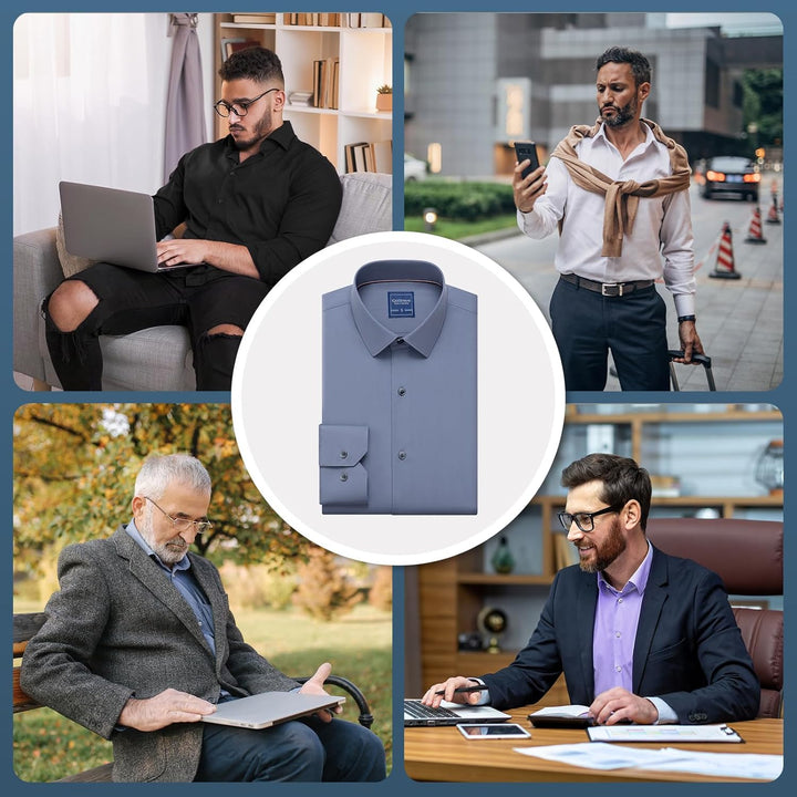 Gollnwe Herren Stretch Bambus Bügelfreies Kleid Shirt Langarm Einfarbig mit umwandelbarer Manschette