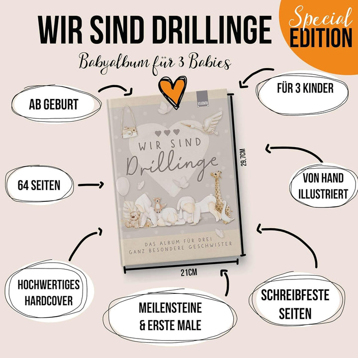 Erinnerungsalbum für Drillinge – Boho Babyalbum DIN A4 | 64 Seiten | Hardcover in Beige & Braun | Ge