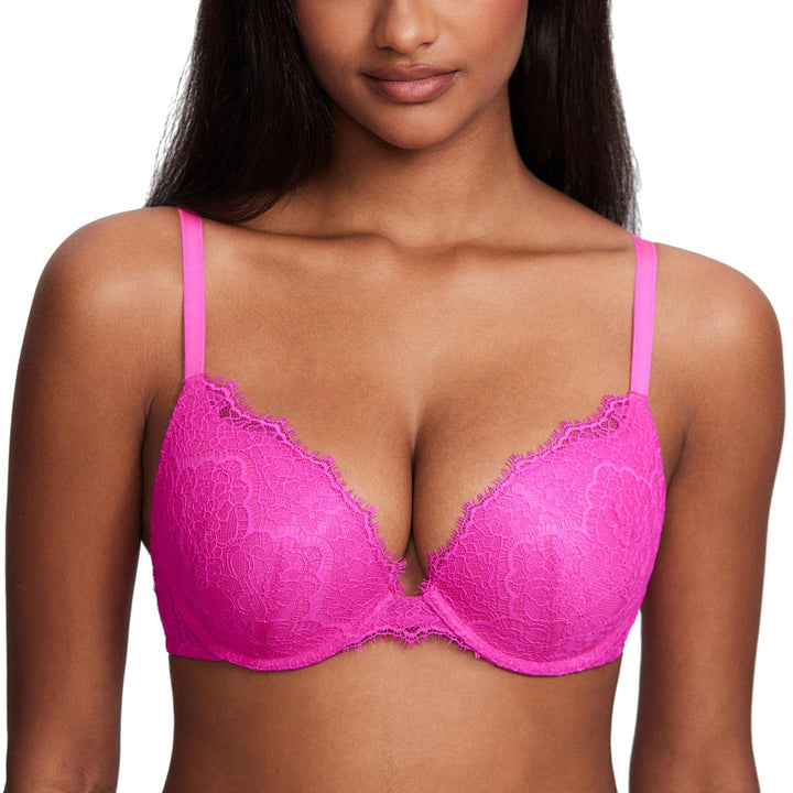 DOBREVA Damen Push Up BH mit Blumen Wimpern Spitze Sexy Bügel BHS Gepolstert 70A Helles Fuchsia, 70B