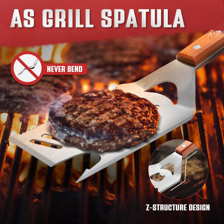 8 in 1 Grillspachtel für Barbecue, Grillbesteck mit Holzgriff, Multifunktionales Grill Zubehör, 40.5