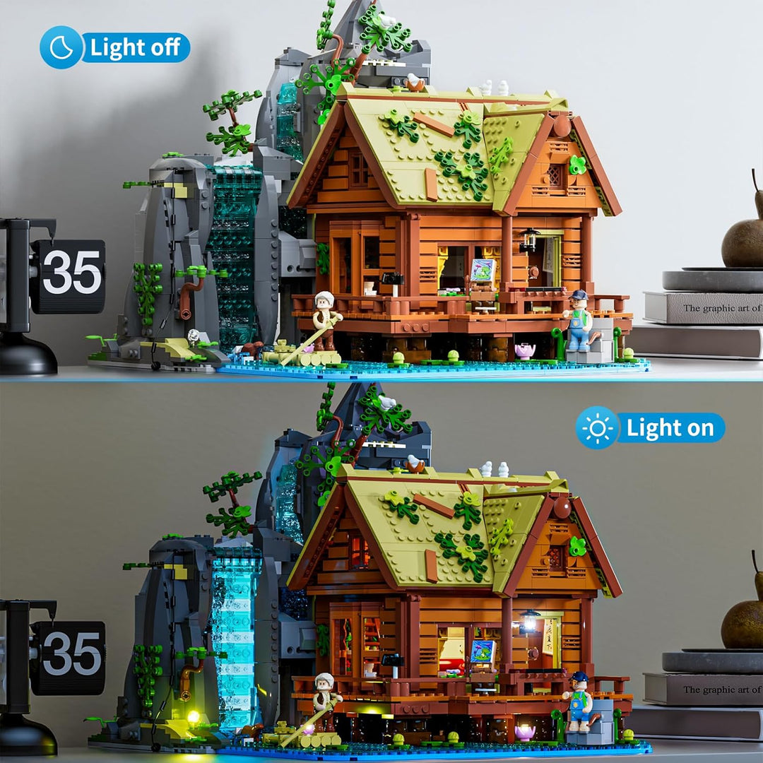 Lumibricks Waterfall Cabin Bauset mit Licht – 2539 Teile Retro Holzhaus mit beweglichem Wasserfall &
