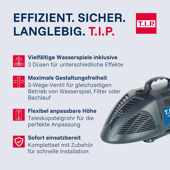 T.I.P. Teichpumpe - Wasserspielpumpe (10.000l Teichvolumen, 4.000l/h Fördermenge, 3,0m Förderhöhe, A