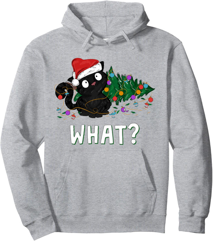 Lustige schwarze Katze schiebt Weihnachtsbaum über Grafikdesign Pullover Hoodie