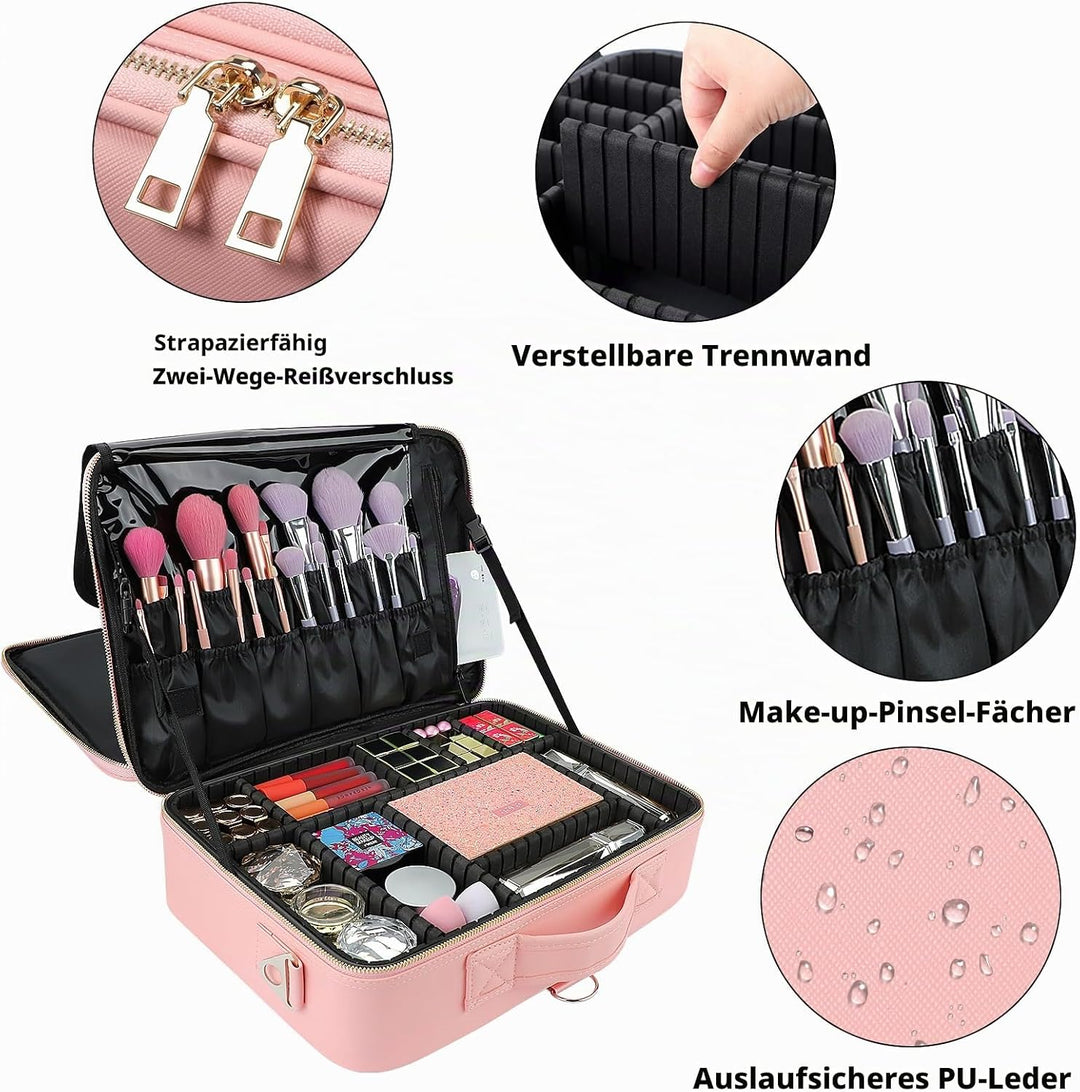 Kosmetiktasche, 3 Lagen Grosse Kapazität Professionelle PU Leder Make Up Organizer Tasche wasserdich
