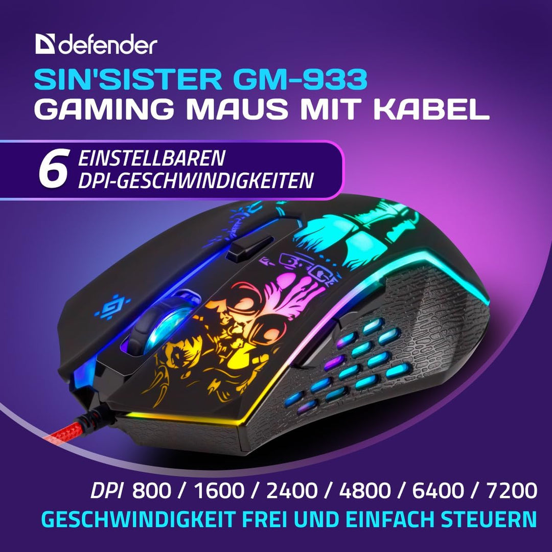 Defender Sin’Sister GM-933 Gaming Maus - Ergonomische, Kabelgebundene PC Maus mit Seitentasten, 7200