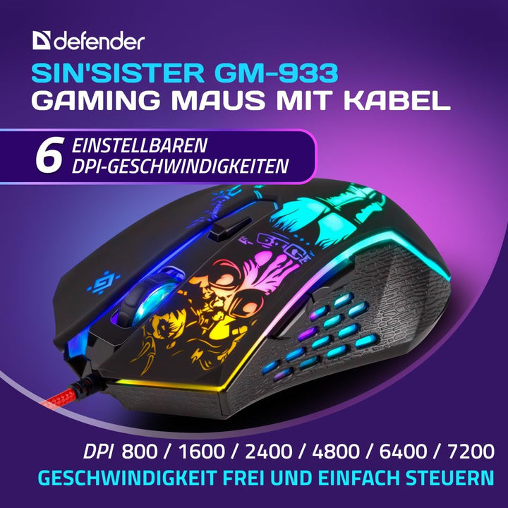 Defender Sin’Sister GM-933 Gaming Maus - Ergonomische, Kabelgebundene PC Maus mit Seitentasten, 7200