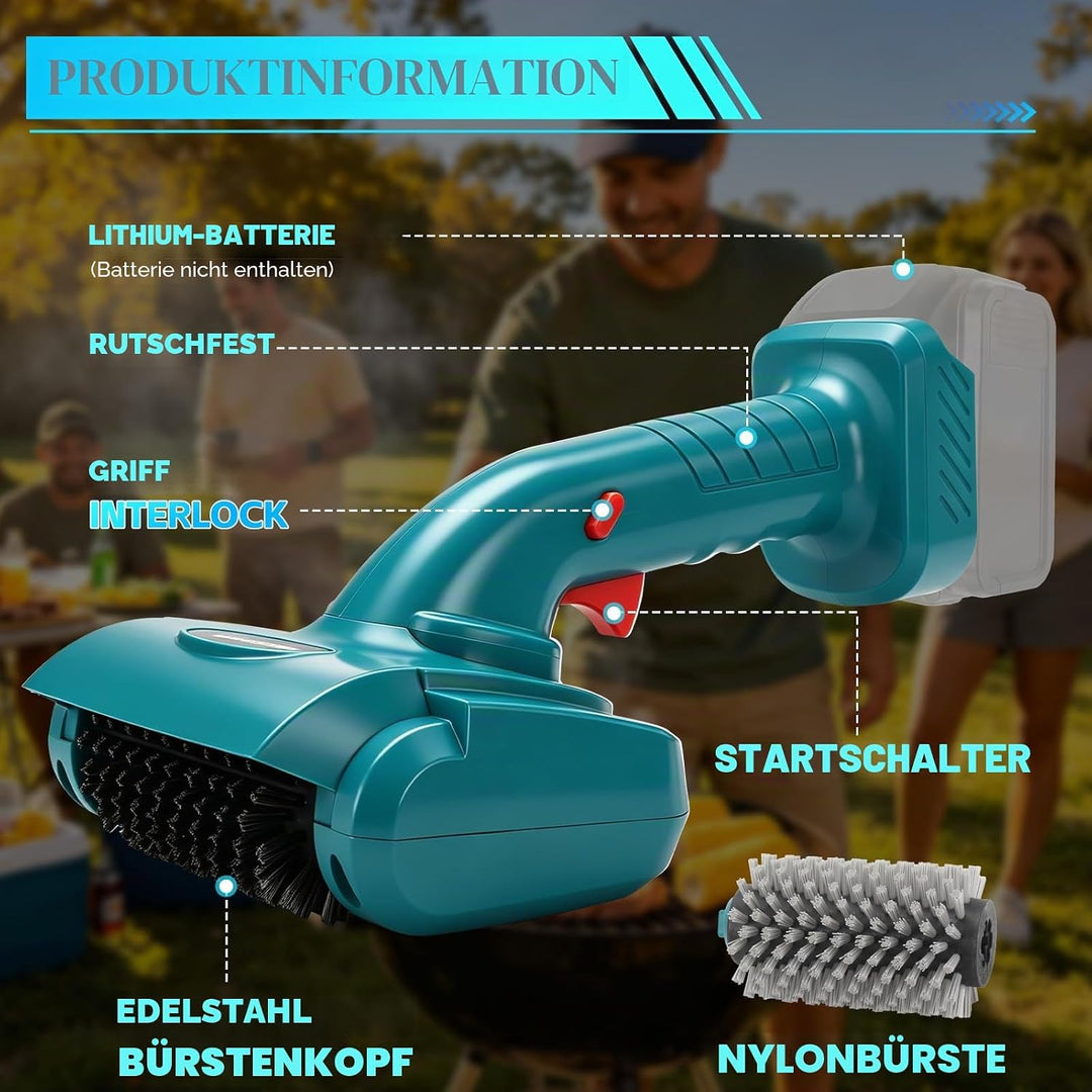 Roadtime Schnurlose Elektrisch Grillbürste für Makita 18 V(ohne Akku),Grillreinigungsbürste mit 360°