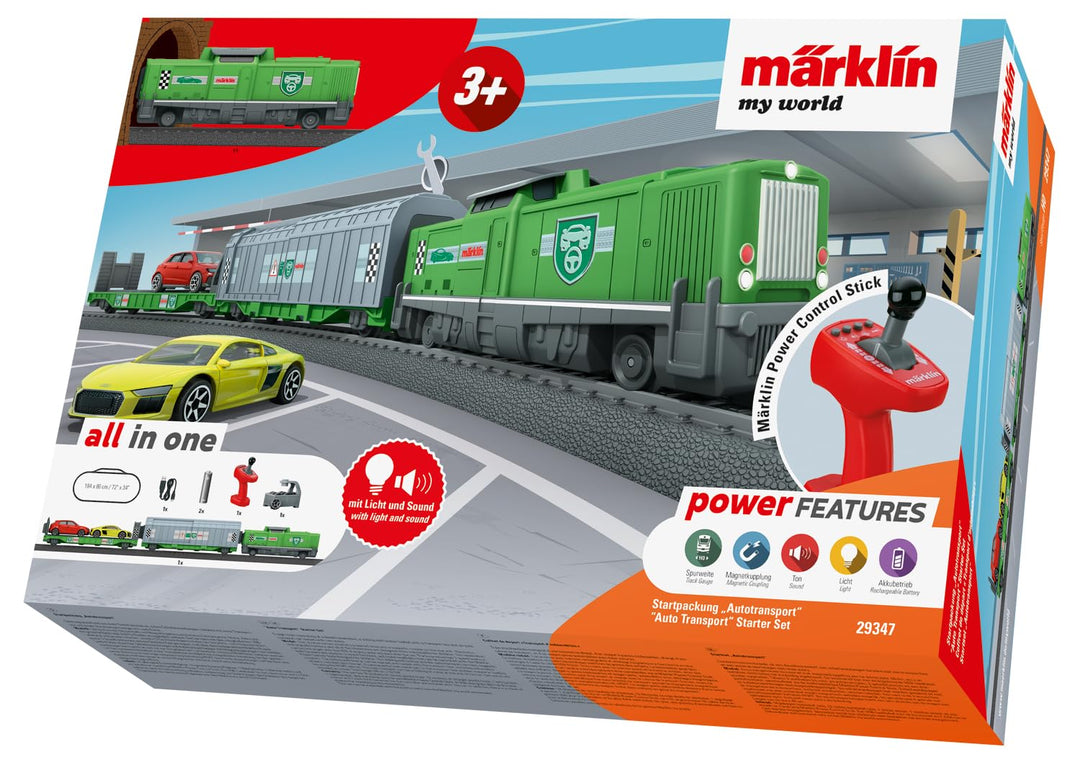 Märklin My World - 29347 Startpackung Autotransport – Lokomotive mit Waggons & Autos – Licht, Sound,