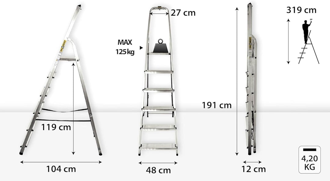 DRABEST Trittleiter Klappbar Alu Leiter 6 Stufen Stehleiter Haushaltsleiter Belastbar bis 125 kg Meh
