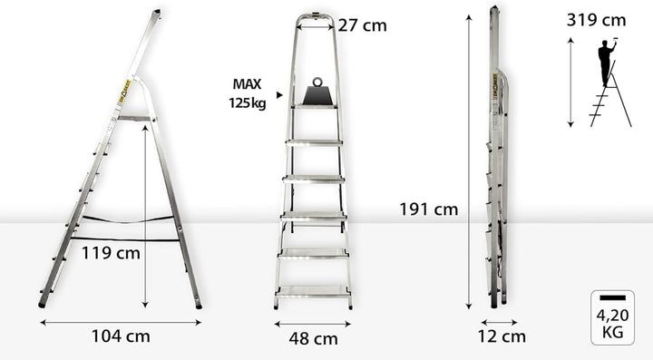 DRABEST Trittleiter Klappbar Alu Leiter 6 Stufen Stehleiter Haushaltsleiter Belastbar bis 125 kg Meh