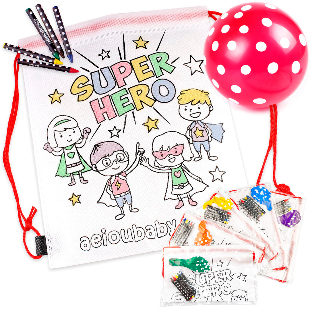 aeioubaby.com 10 Rucksack zum Ausmalen | 10 einzelne Taschen mit 5 bunten Wachsmalstiften und Luftba