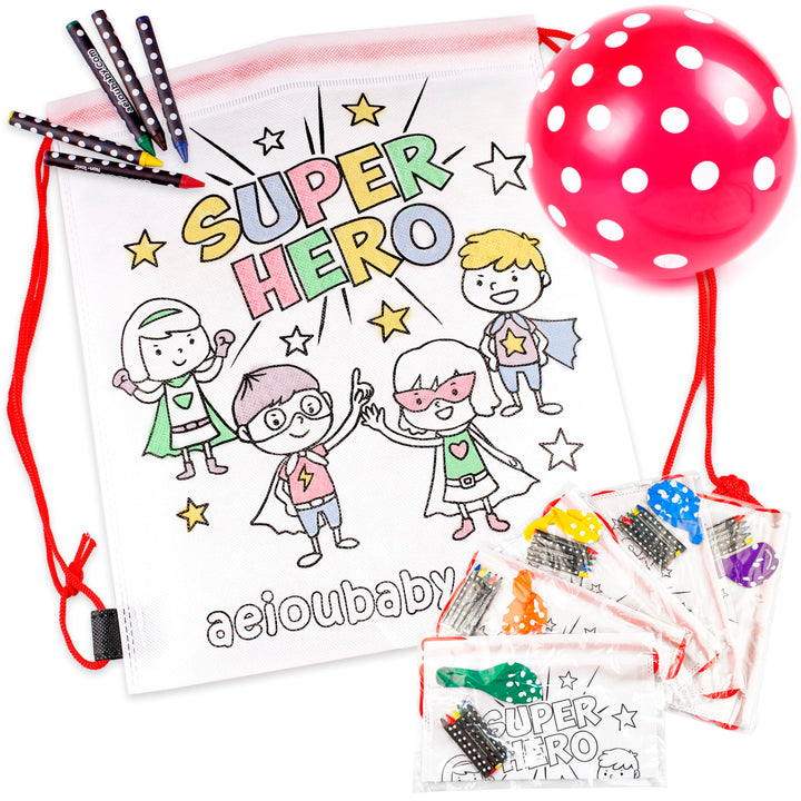 aeioubaby.com 10 Rucksack zum Ausmalen | 10 einzelne Taschen mit 5 bunten Wachsmalstiften und Luftba