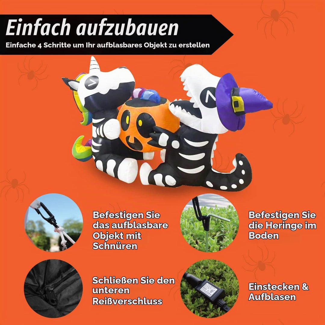 Joiedomi 1,8 m langes Halloween Aufblasbares Sitzendes Skelett Einhorn und Dinosaurier Halten Kürbis