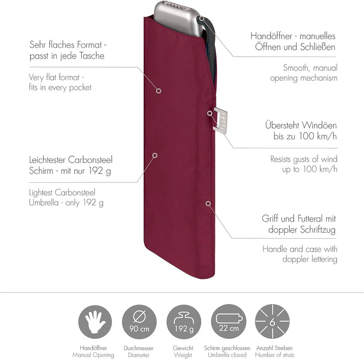Doppler Regenschirm Taschenschirm Mini Slim Carbonsteel sturmsicher bis 100km/h Flach & Leicht Royal