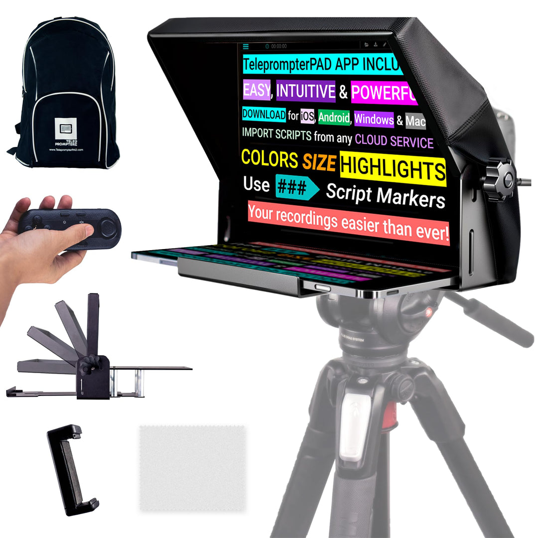 Pack TeleprompterPAD® iLight PRO 11" v15.0+Fernbedienung+App+Tasche+Klemme+Tech Support-100% Alumini