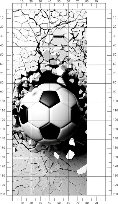 wandmotiv24 Türtapete Fussball durch Wand, 3D, Sport, Ball 80 x 200cm (B x H) - Dekorfolie selbstkle