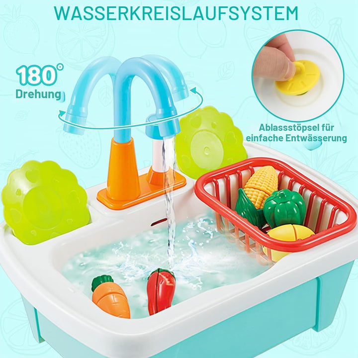 deAO Kinderwaschbecken mit echtem Wasser – Spielküche mit Spüle und Zubehör, Lernspielzeug für Kinde