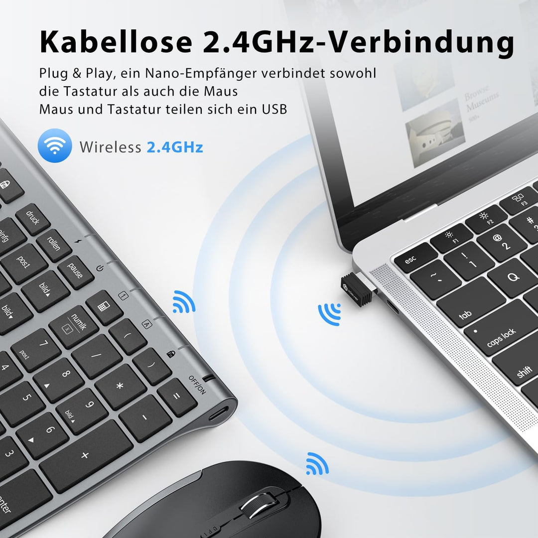 iClever 2.4G kabellose Tastatur und Maus Set, USB-C wiederaufladbar, Originalgrösse, schlanke, dünne