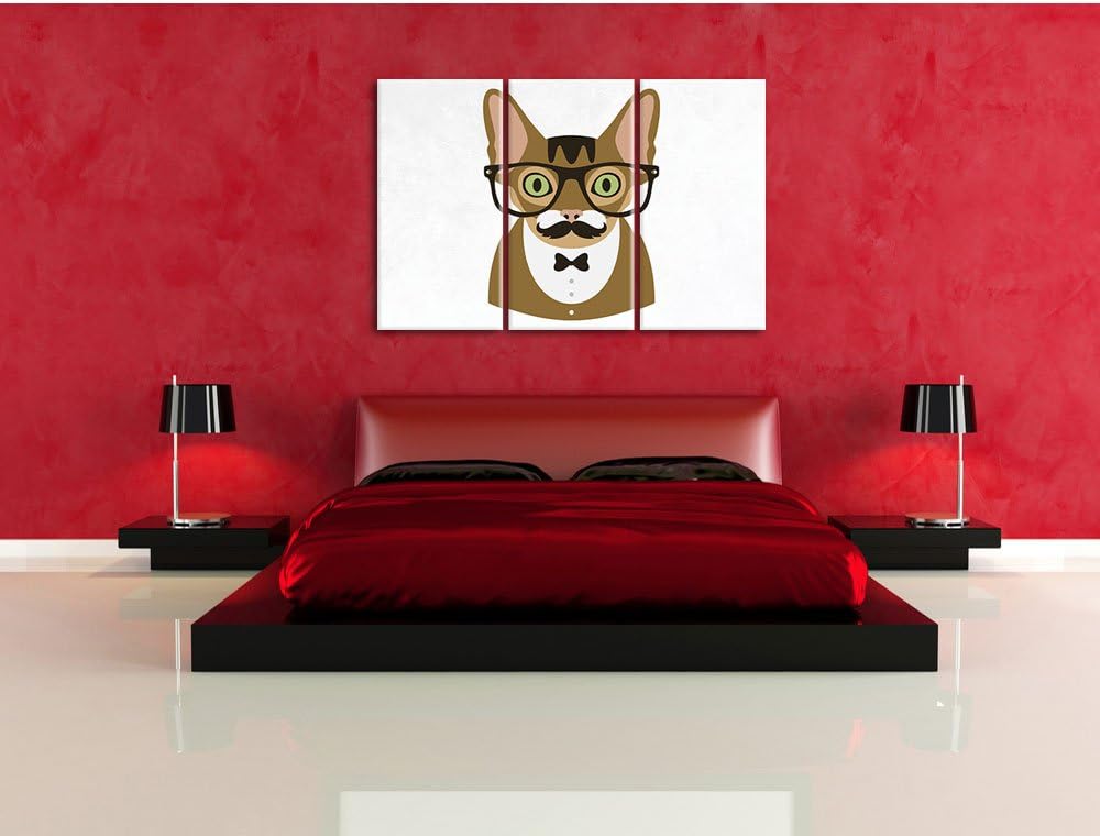 Pixxprint Hipster Katze mit Brille, Schnurbart und Fliege (Main Coon) weiss 3-Teiler Leinwandbild 12