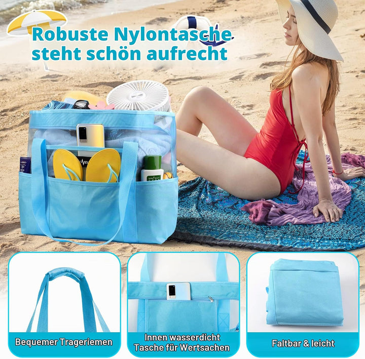 Mesh Strandtasche XXL Familie mit Reissverschluss, Gross Faltbar Sandkontrolle Ultraleicht Badetasch