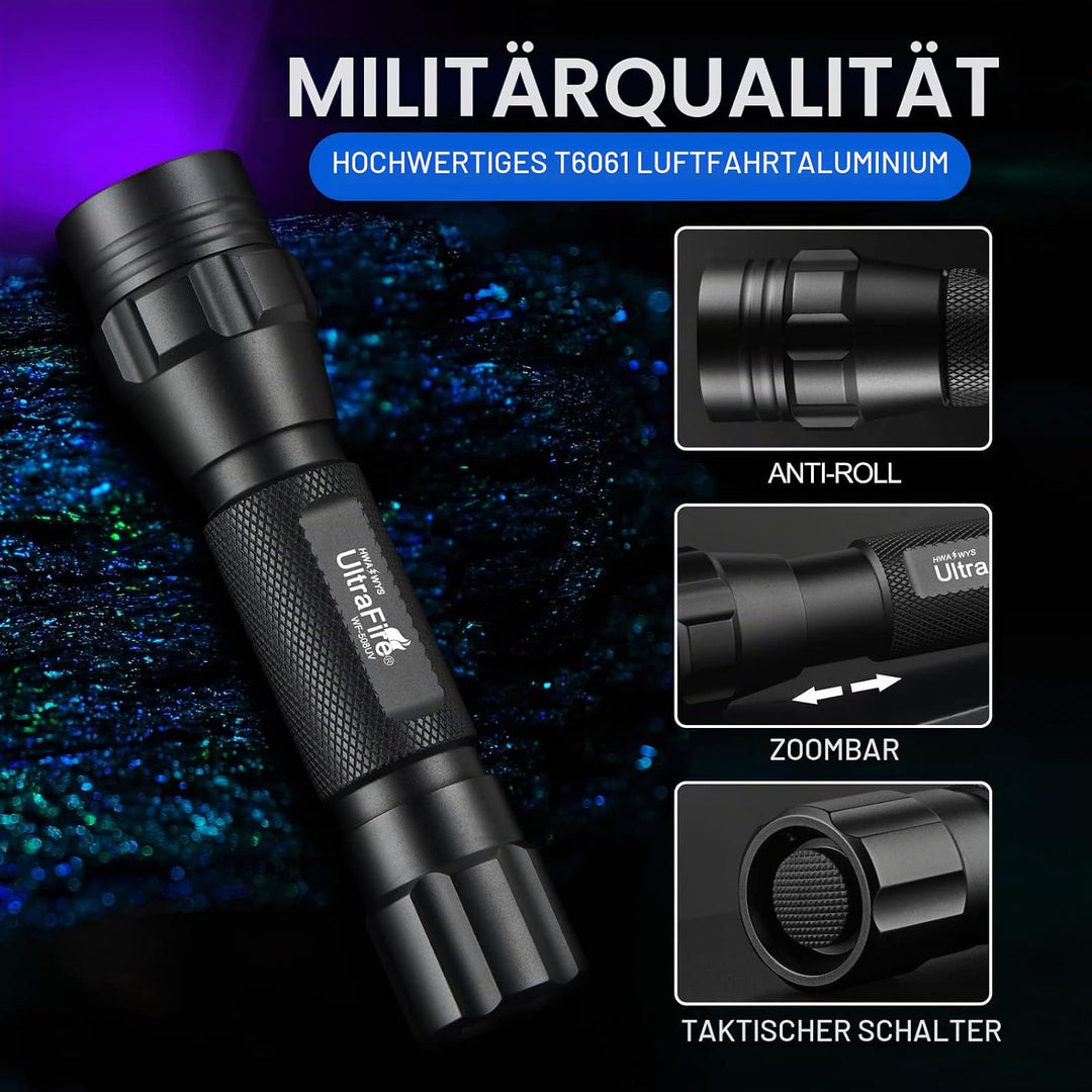 UltraFire UV Taschenlampe 395-405nm Schwarzlicht Zoombare Ultraviolett LED Taschenlampe mit Holster,