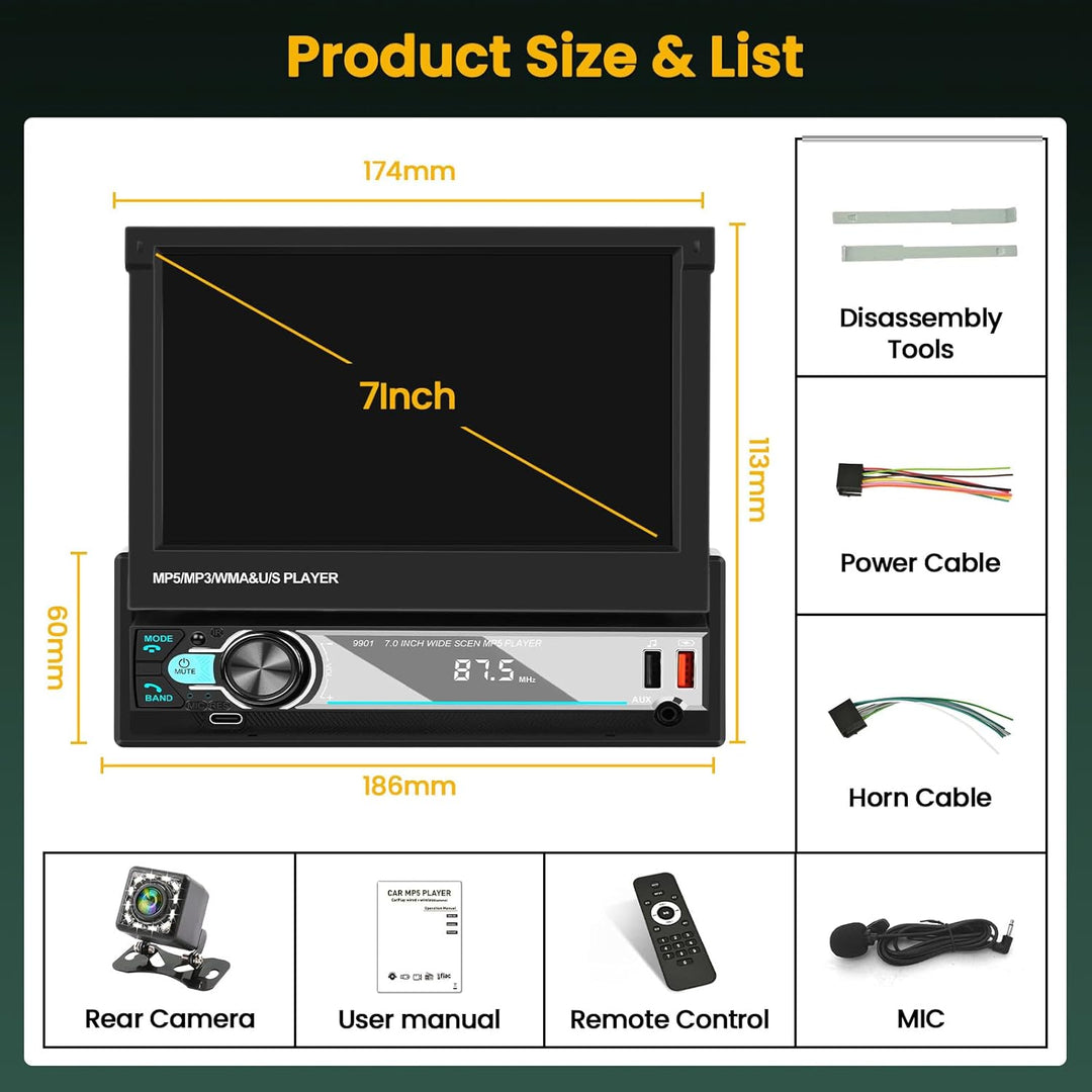 Hikity 1 Din Autoradio Wireless Carplay Andriod Auto 7 Zoll Manuelle Ausfahrbarem Bildchirm Auto Rad