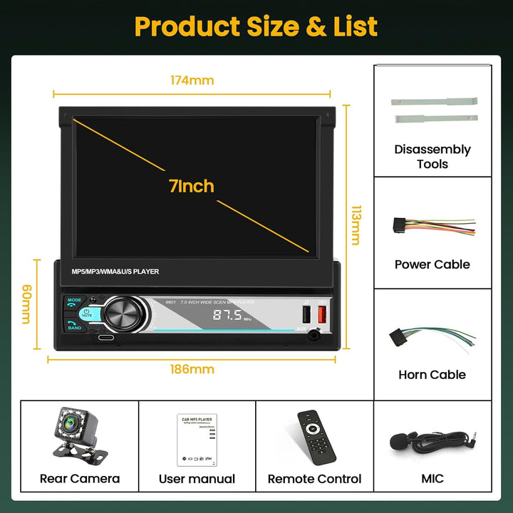 Hikity 1 Din Autoradio Wireless Carplay Andriod Auto 7 Zoll Manuelle Ausfahrbarem Bildchirm Auto Rad
