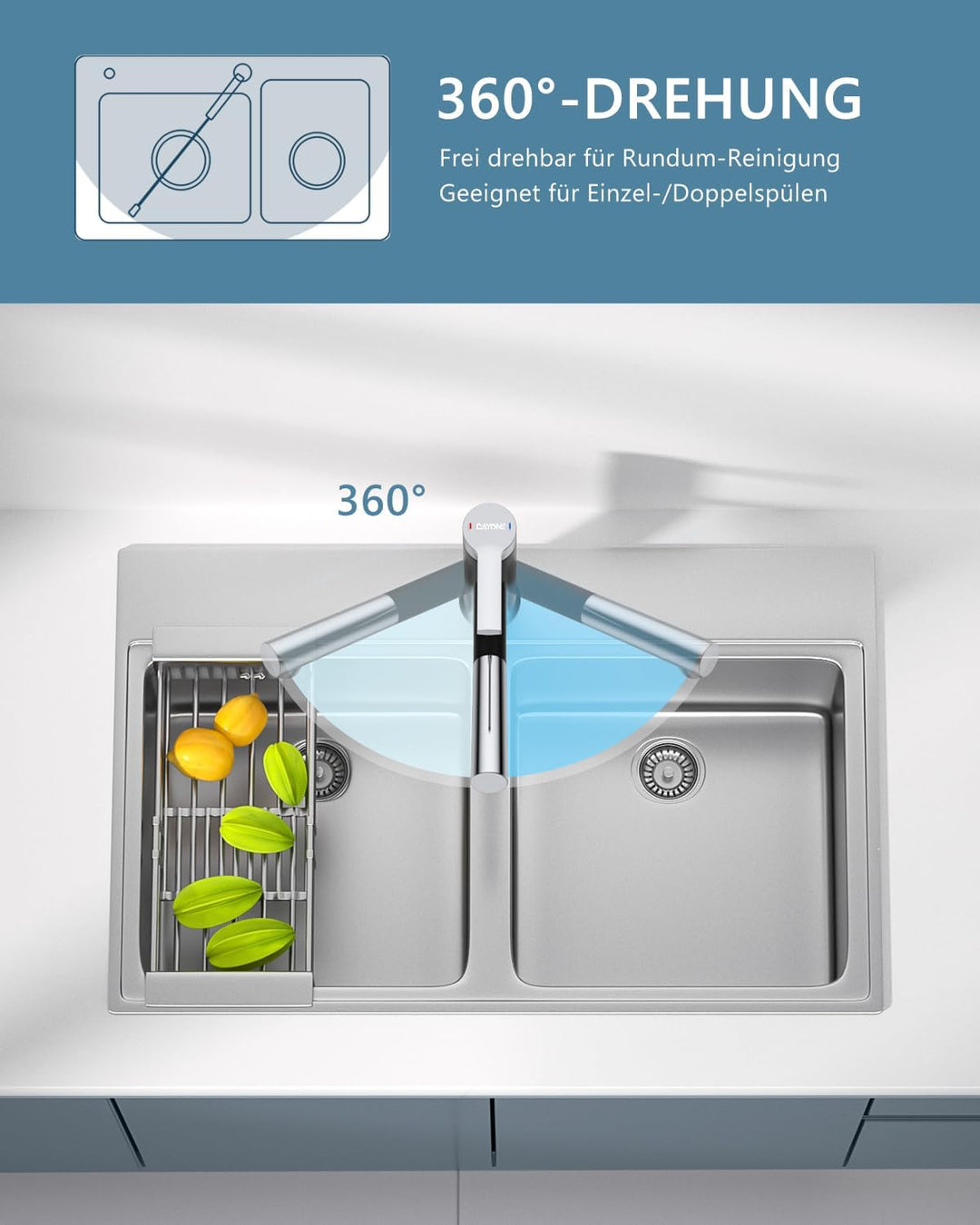 DAYONE Küchenarmatur Schwarz, SUS304 Edelstahl Hochdruck Wasserhahn Küche Ausziehbare Brause mit 2 S