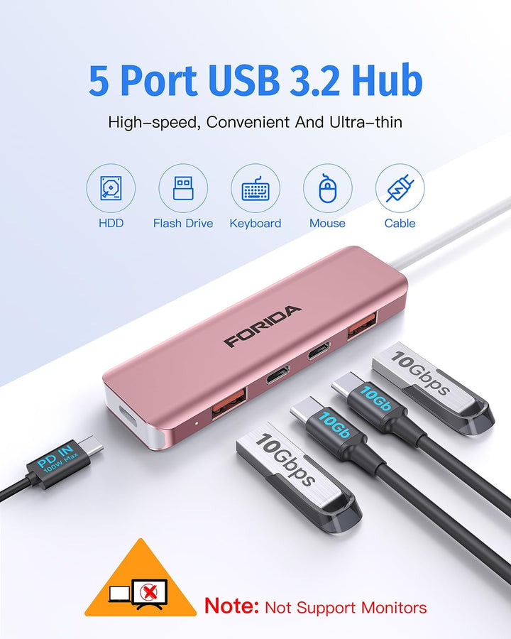 FORIDA USB C Hub, 10 Gbps USB C Splitter für Laptop, 2 Type C 3.1 und 2 USB A 3.2 Datenanschlüsse, 1
