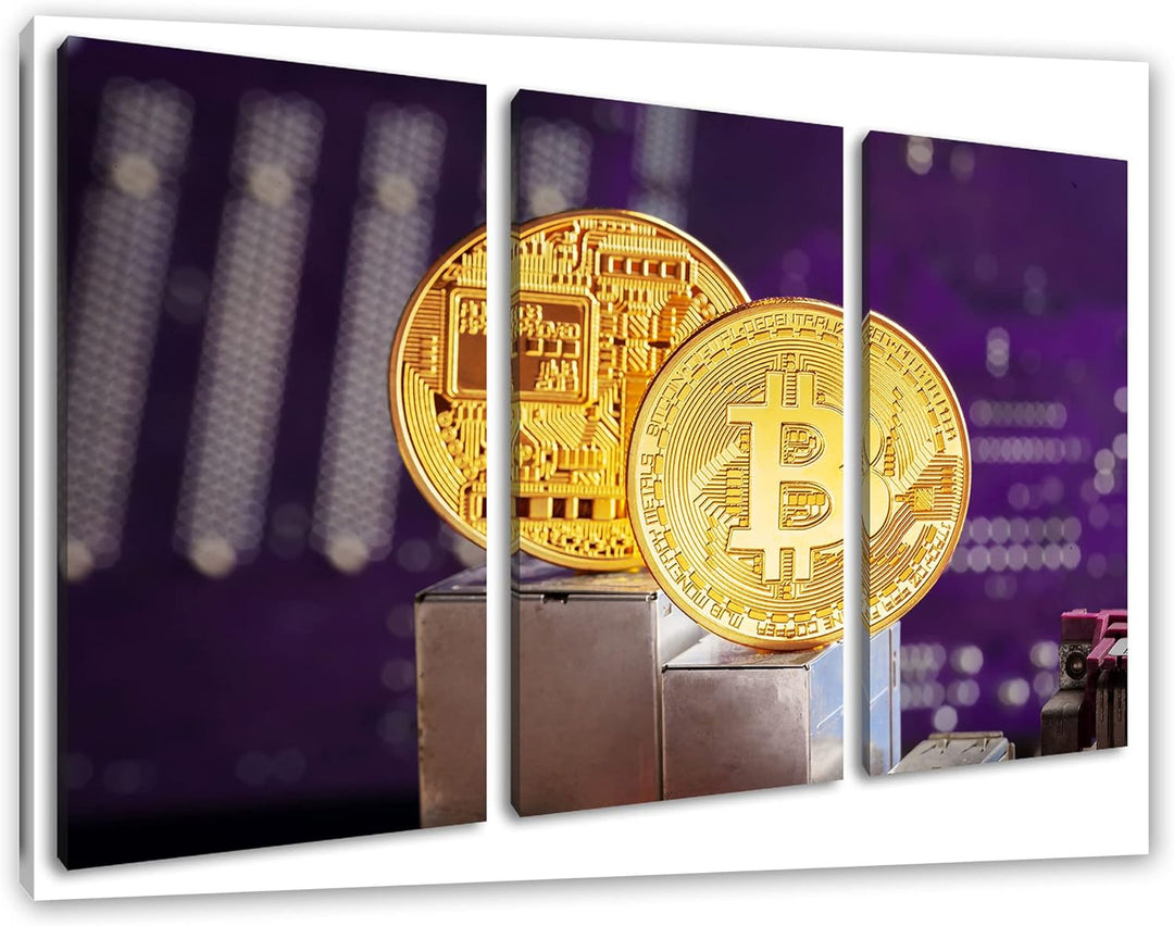 Bitcoin BTC auf Platineals Leinwandbild 3 teilig | Grösse: 120x80 cm | Wandbild | Kunstdruck | ferti