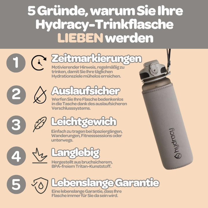 Hydracy Motivations Wasserflasche mit Zeitmarkierung &amp; Strohhalmdeckel 1L | BPA-frei, auslaufsicher,