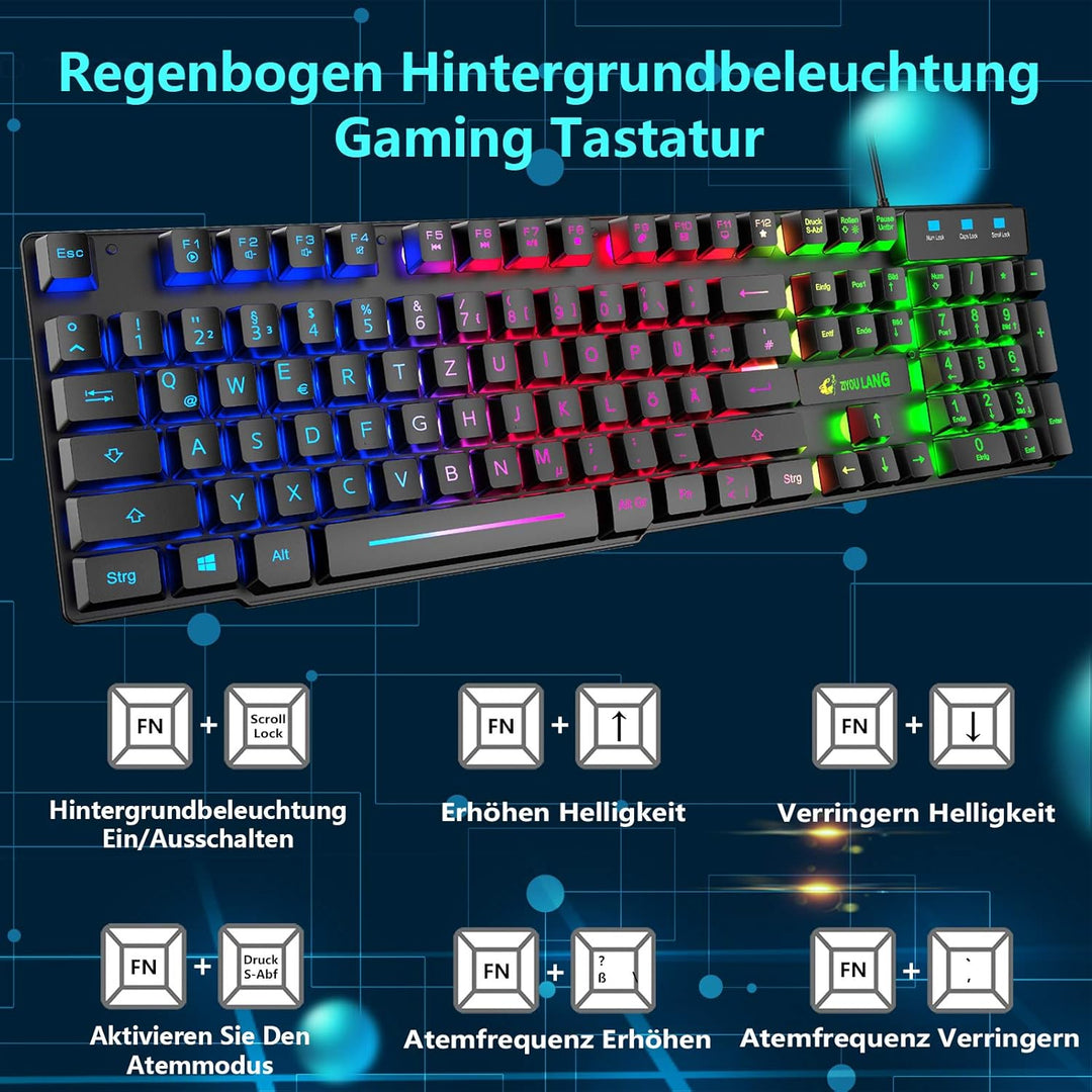 Gaming Tastatur und Maus mit Handballenauflage, QWERTZ Deutsches Layout Regenbogen LED Hintergrundbe