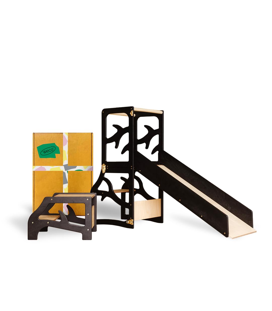Weco Montessori Kinder Lernturm 3 in 1 Baum Design mit Rutsche und Tritthocker FSC Zertifikat Schrei