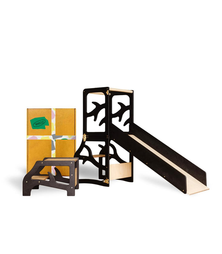 Weco Montessori Kinder Lernturm 3 in 1 Baum Design mit Rutsche und Tritthocker FSC Zertifikat Schrei