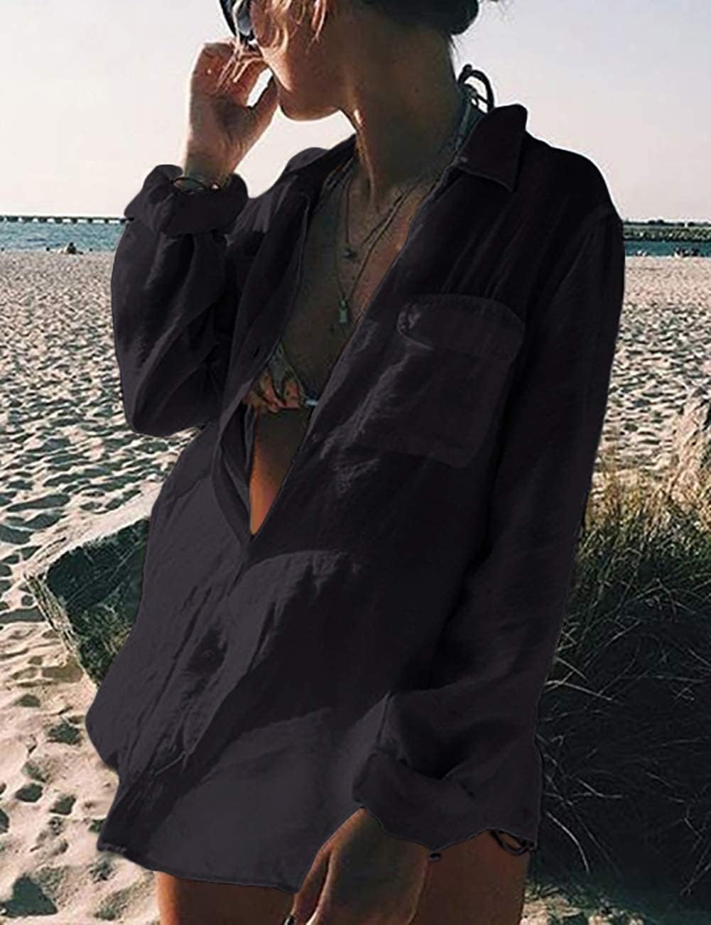 Damen Long Sleeve Beach Shirt Blusen Turn Down Kragen Strandponcho, G-black