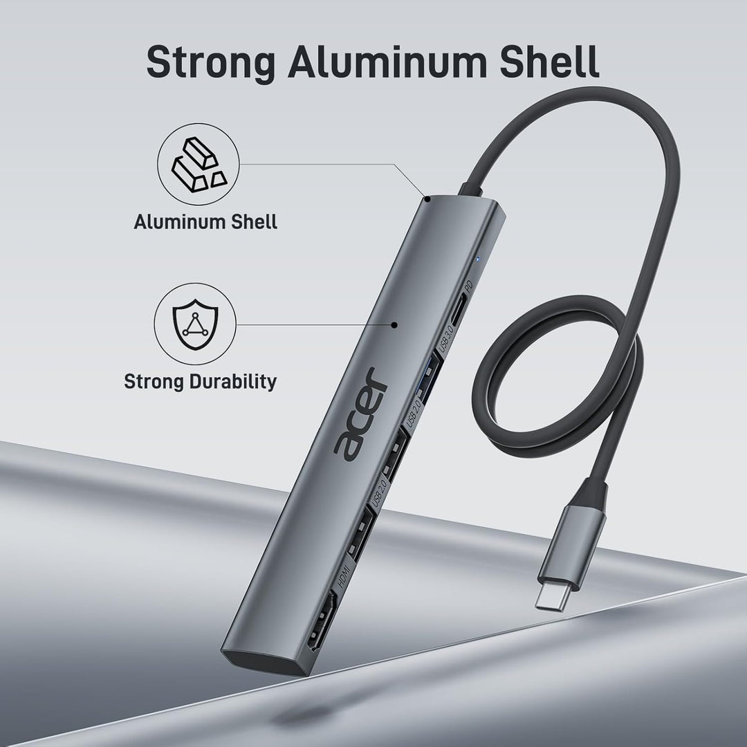 acer USB C Hub 5 in 1, Tragbarer 4K HDMI Adapter PD 100W, 3X USB-A Datenport, USB C auf HDMI Adapter