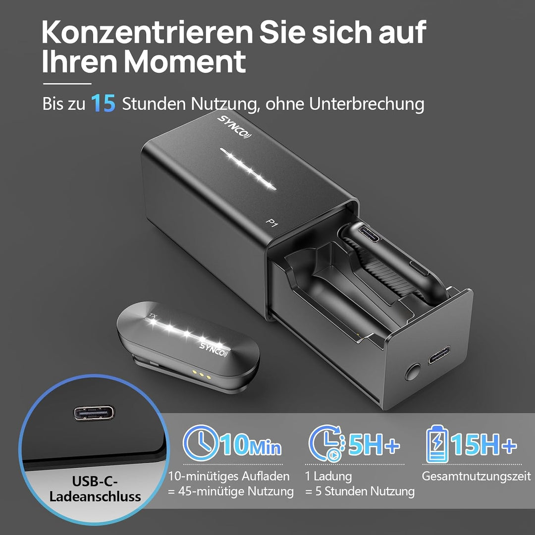 SYNCO Lavalier Mikrofon Wireless Typ-C, P1ST 2,4GHz Mikrofone Kabelloses Ansteckmikrofon mit Ladekof