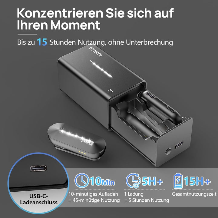SYNCO Lavalier Mikrofon Wireless Typ-C, P1ST 2,4GHz Mikrofone Kabelloses Ansteckmikrofon mit Ladekof