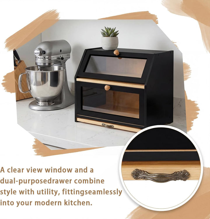 HUOLE Brotkasten Bambus 2 Etagen Brotkasten Küchenorganizer Brotkasten Holz Brotkasten mit Sichtfens