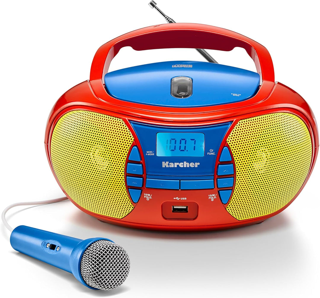 Karcher RR 5026 tragbares CD Radio - bunte Kinder-Boombox mit CD-Player, UKW Radio, USB & Mikrofon -