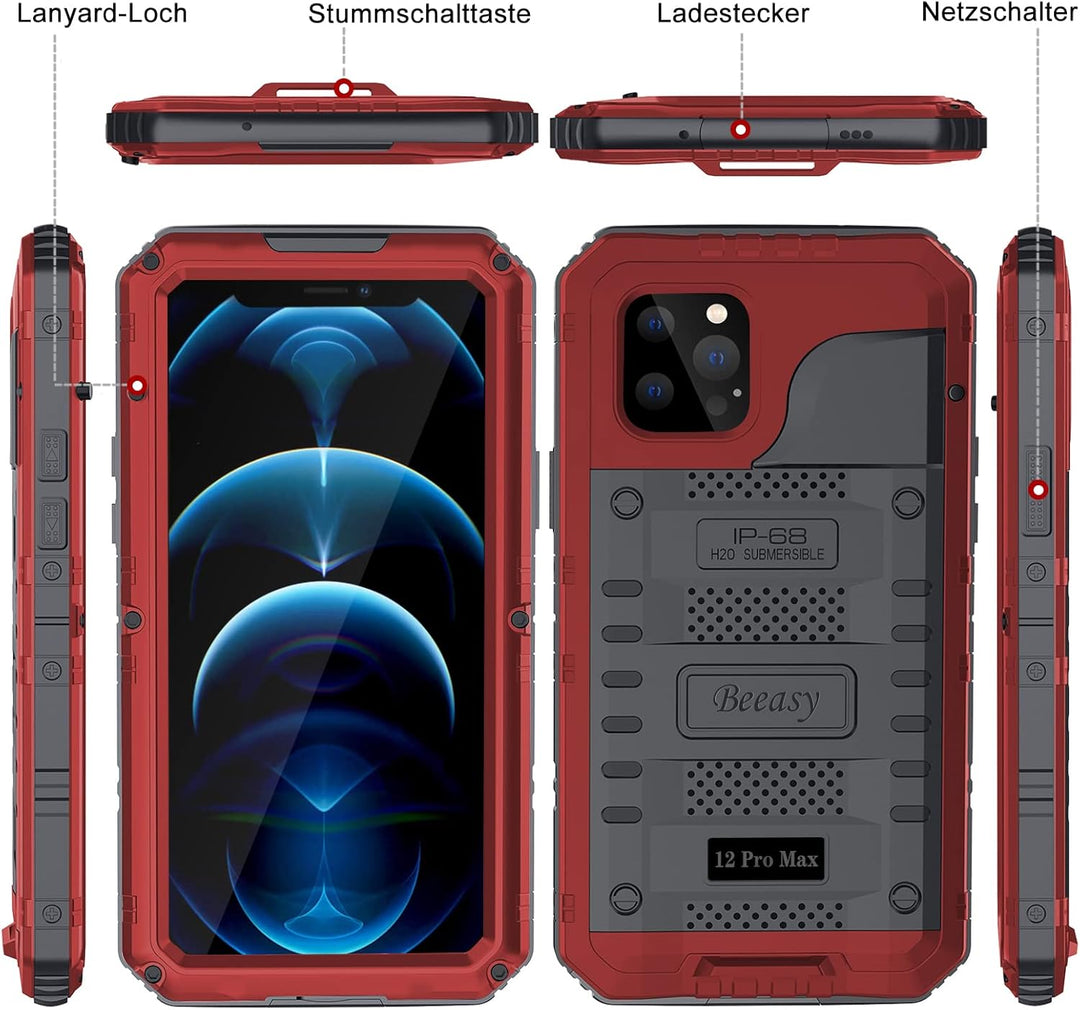 Beeasy für iPhone 12 Pro Max Wasserdicht Outdoor Hülle (6,7"), Stossfest Panzerhülle Militär 360 Gra