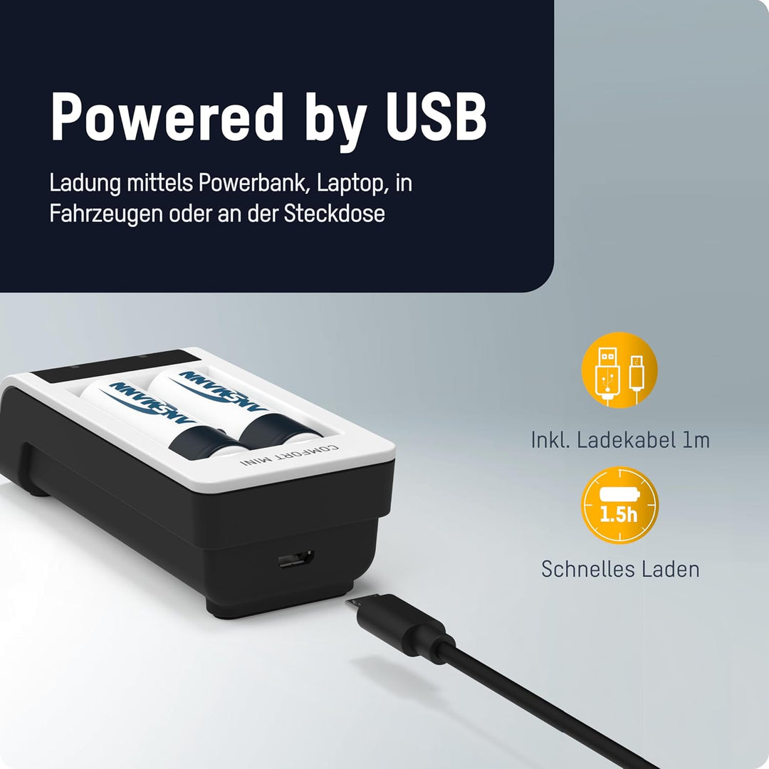 ANSMANN Akku-Ladegerät inkl. 2X Mignon AA Akkus 2100 mAh - Automatik Batterieladegerät mit Perfect-7